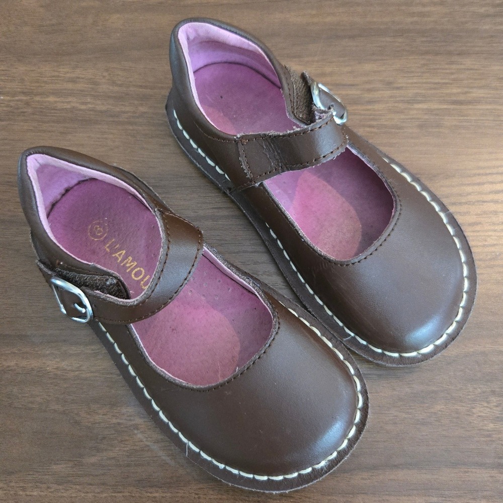 L'Amour Girls Brown Leather Mary Jane Shoes‎ Buckle Strap Pink Insole Size 8
